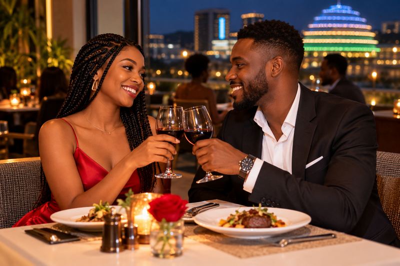 A couple in elegant evening clothes toasting with wine at a rooftop restaurant in Kigali at night