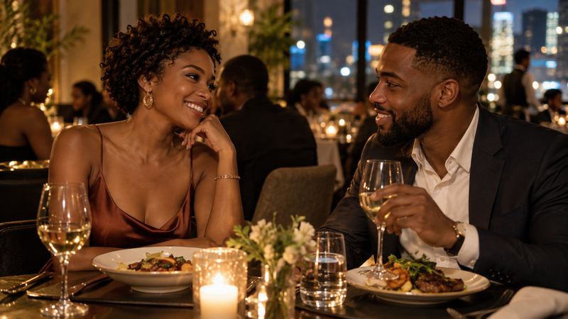 A smiling couple sharing dinner by candlelight