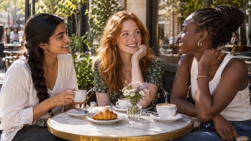 Three friends laughing over coffee and croissants