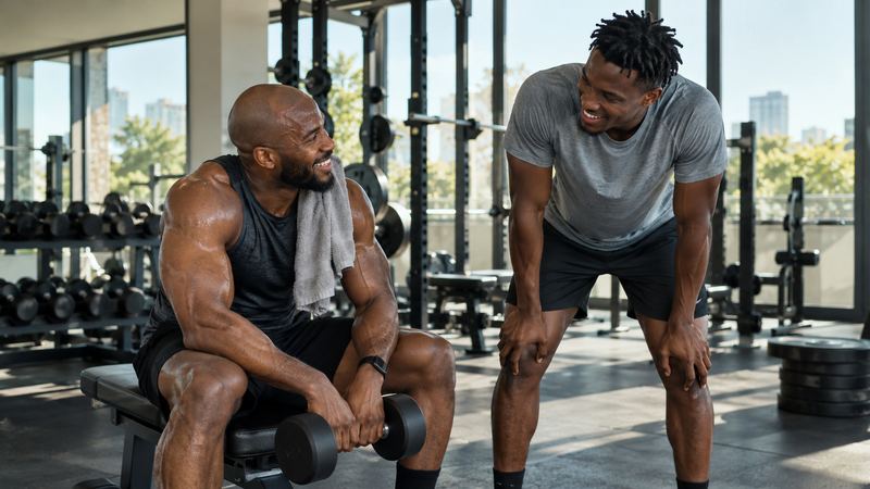 Two friends training together in a gym