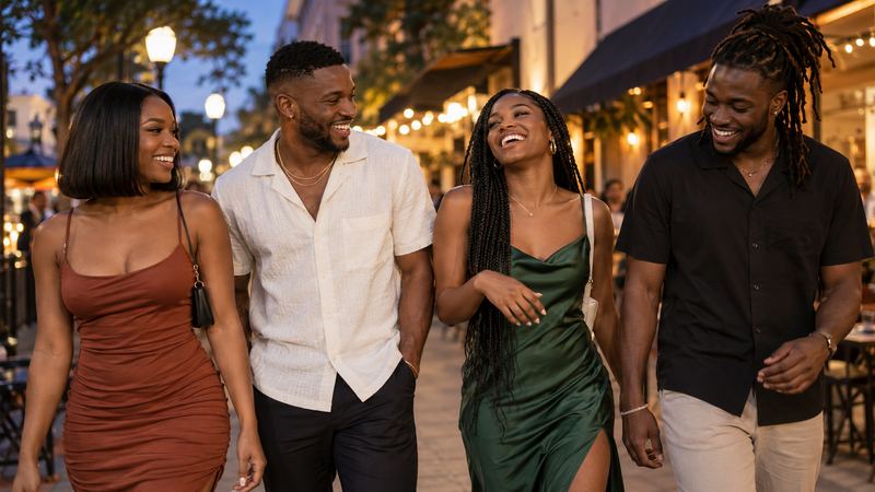 Four stylish friends walking out for the night