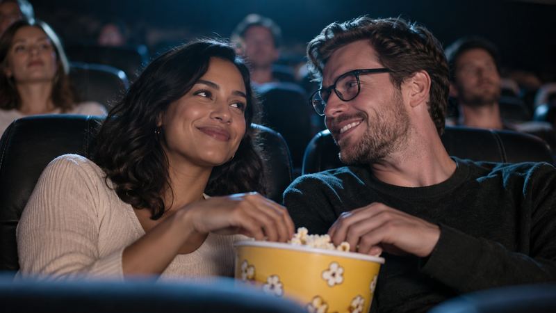 A couple sharing popcorn at the cinema