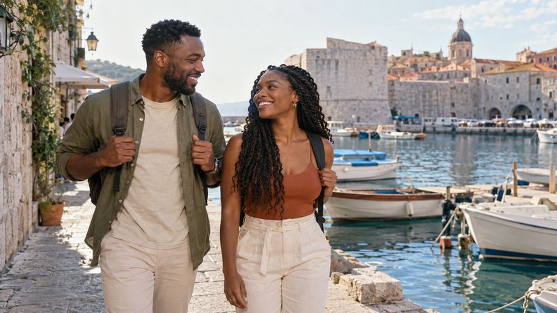 A couple with backpacks exploring a harbour town