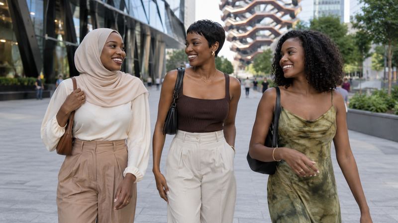 Three stylish friends walking through the city