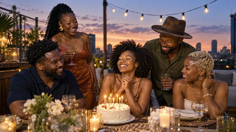 Friends celebrating a birthday at a rooftop party