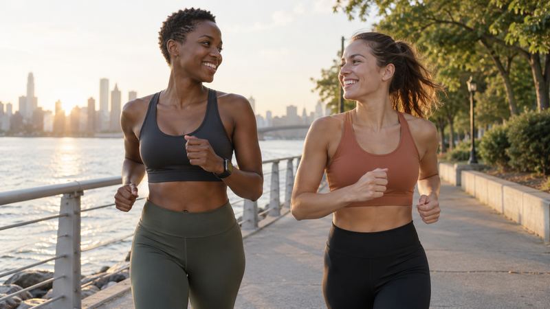 Two women jogging together by the water at sunrise