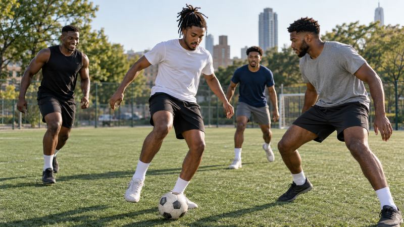 Friends playing football in a city park