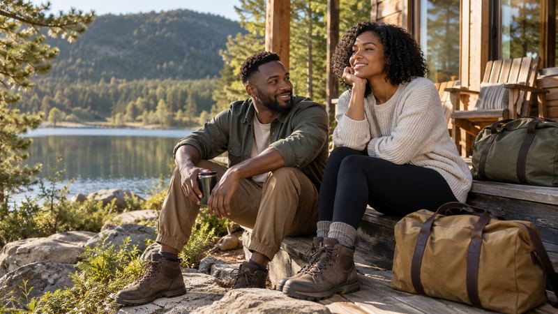 A couple relaxing by a lake on a weekend trip