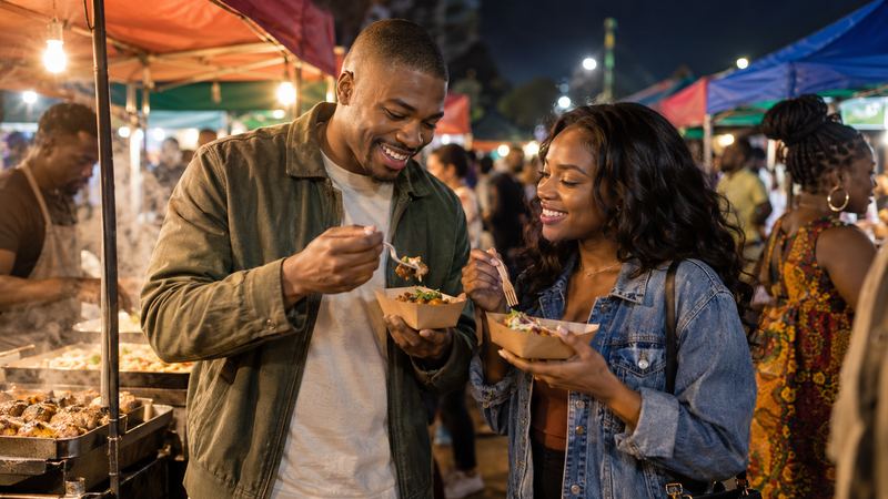 Friends tasting street food at a night market