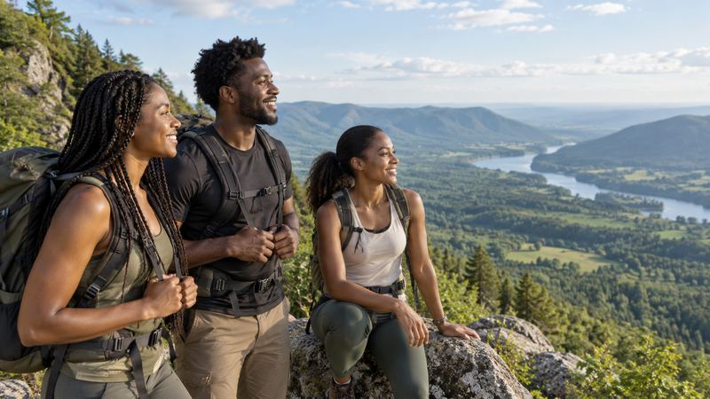 Friends on a hilltop above a green valley