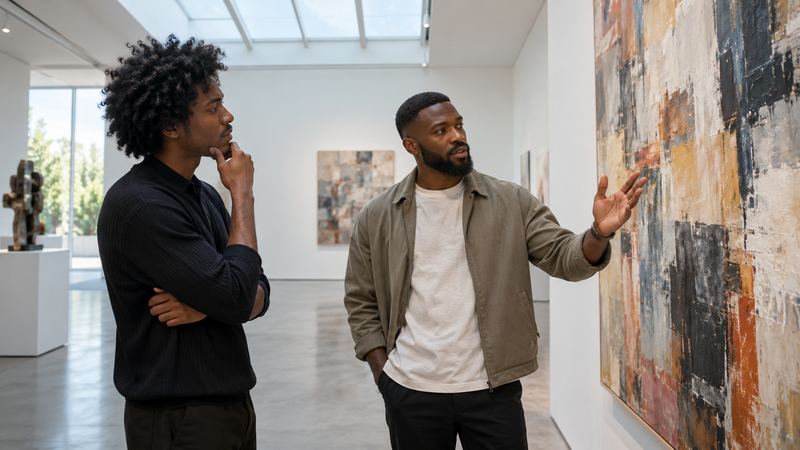 Two friends talking about a painting in an art gallery