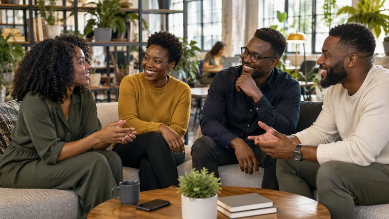 Young professionals chatting in a bright lounge