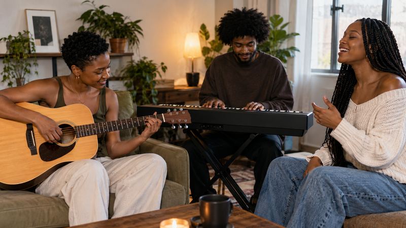 Friends playing guitar and keyboard at home