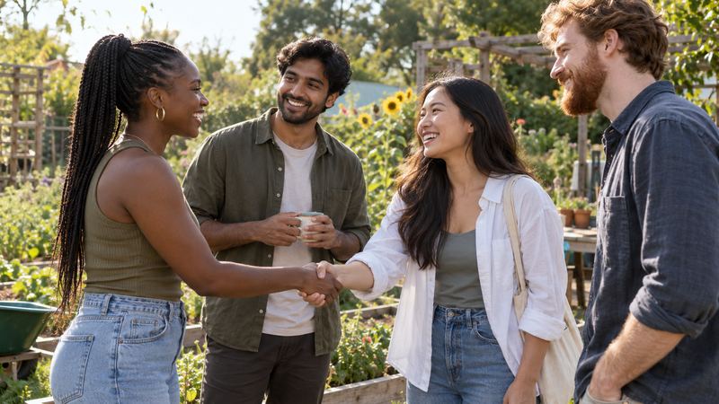 People shaking hands and meeting in a garden