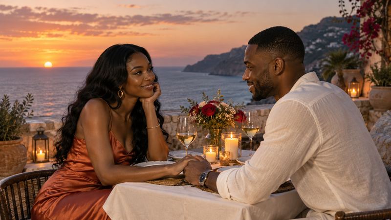 A couple holding hands at a sunset dinner by the sea