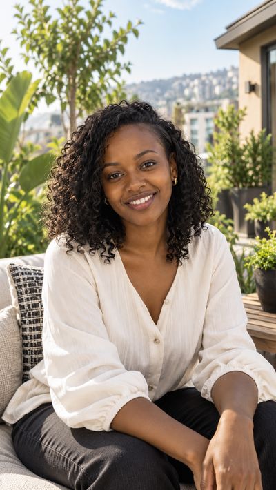 Keza smiling on a sunny rooftop terrace